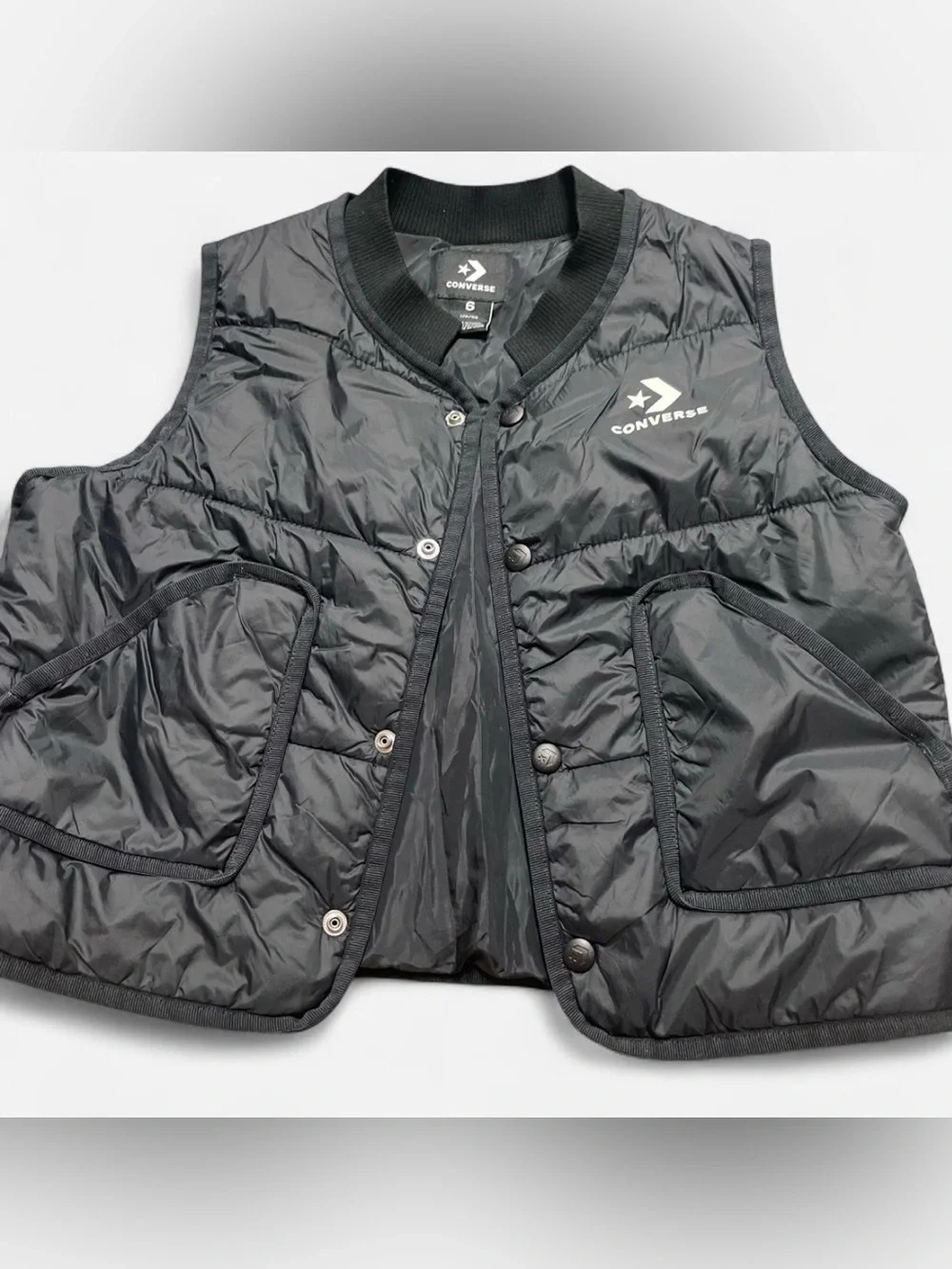Converse Black Quilted Logo Snap-Front Vest